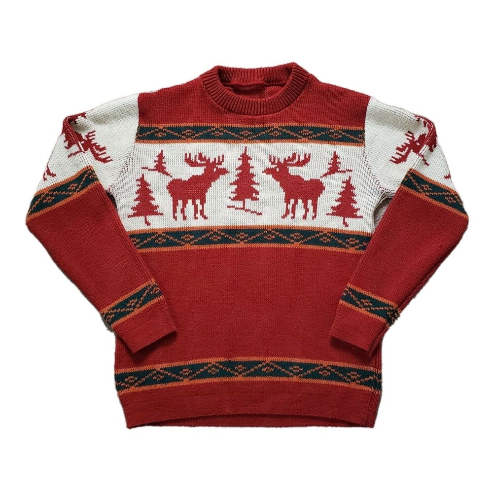 Vintage 80s 90s Reindeer Size S-M Mens Nordic Tree Sweater Christmas Fair Isle
